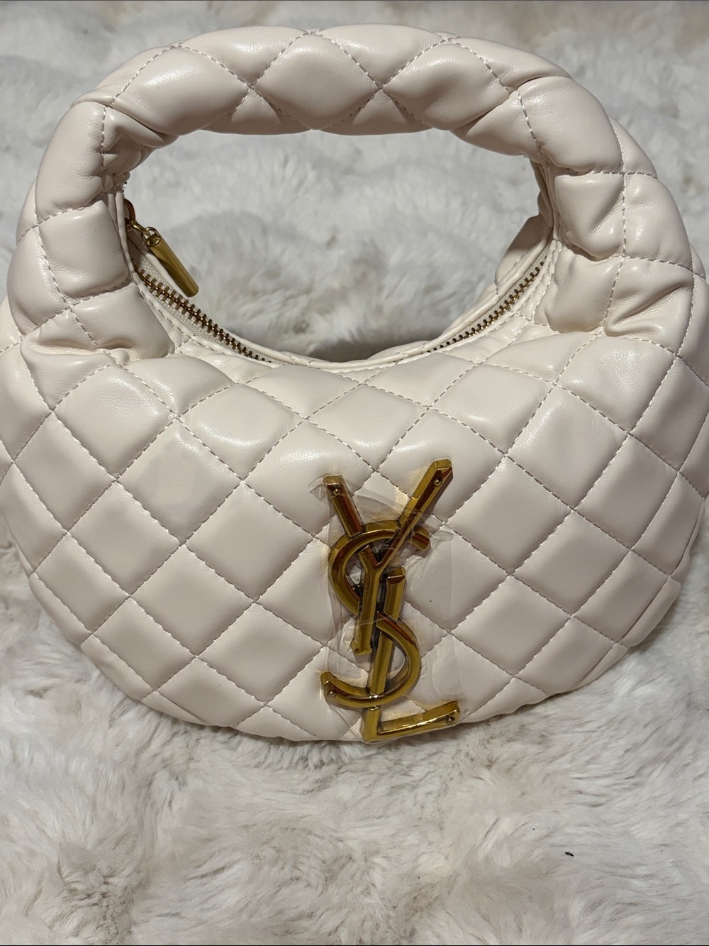 Cream Quilted Mini Top-Handle Bag with Gold Logo